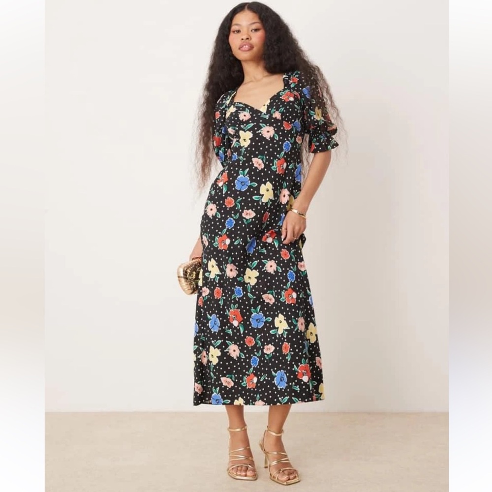NWT Petite Miss Selfridge Black Floral Midi Dress in XSP/2P